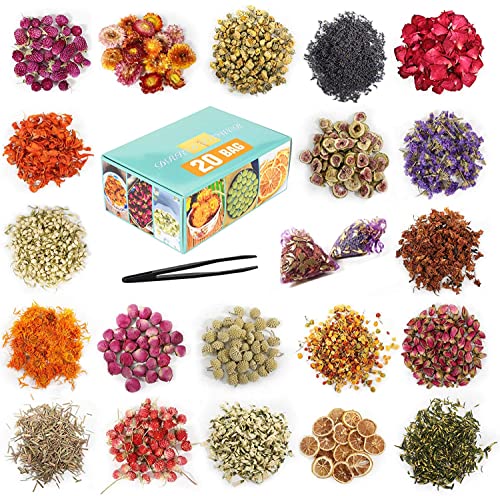 SACATR 20 أكياس من الزهور المجففة، 100% طقم أعشاب الزهور المجففة الطبيعية لصناعة الصابون، صناعة الشموع يدويًا، الحمام - يشمل بتلات الورد، اللافندر، لا تنساني، الليليوم، الياسمين، براعم الورد والمزيد - Image 1