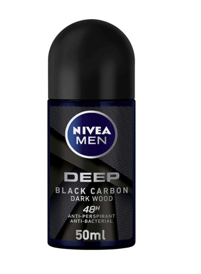 Nivea Men Deep Black Carbon Dark Wood Antiperspirant Antibacterial, Roll-On 50ml - Image 1