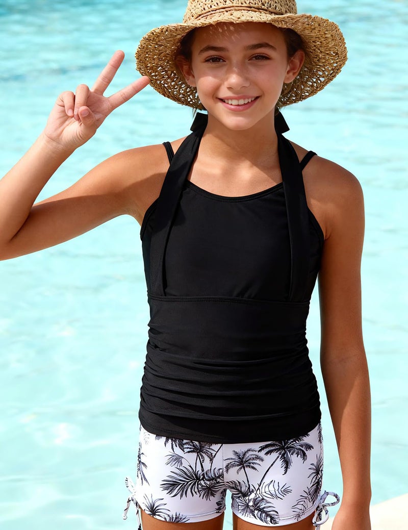 Cuddomper Girls Swimsuit Tankini 2 Piece Size 15-16 Bathing Suit for Teens Black Halter Top with Tropical Print Drawstring Swim Shorts Summer Beach Swimwear - Image 4