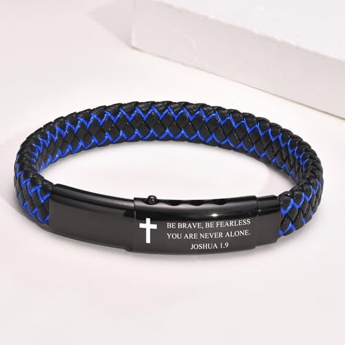 VNOX Christian Gifts For Men - Personalized Religious Gift For Men Inspirational Christian Faith Bible Verse Quote Mens Leather Cross Bracelet, Joshua 1.9 - Image 4