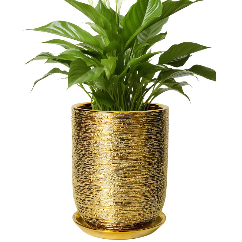 SUNPOTFOR Indoor Plant Pot 8 Inch - Ceramic Planter for Indoor Outdoor Flowers, Round Modern Flower Pot with Drainage Hole and Saucer, Gifts for Plants Lovers, Garden Room Decor, Gold - Image 1