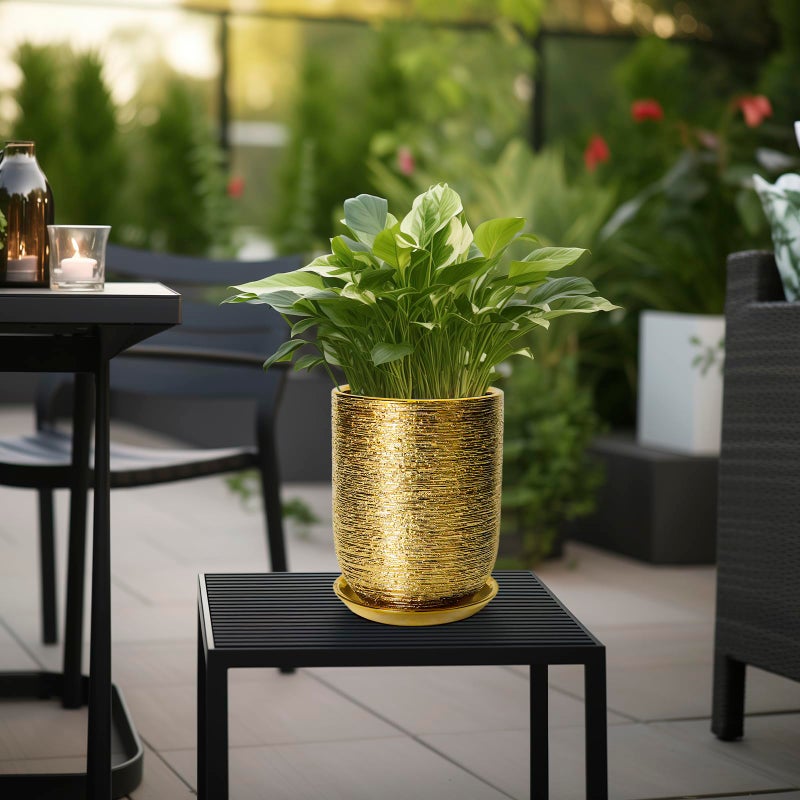 SUNPOTFOR Indoor Plant Pot 8 Inch - Ceramic Planter for Indoor Outdoor Flowers, Round Modern Flower Pot with Drainage Hole and Saucer, Gifts for Plants Lovers, Garden Room Decor, Gold - Image 5