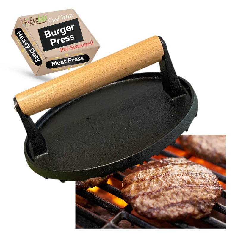 Evelots Cast Iron Burger Press  Heavy Duty PreSeasoned Burger Smasher for Grill  Weighted Press for Meat Grilled Cheese Panini  Cook Evenly  Faster  Round Wood Handle