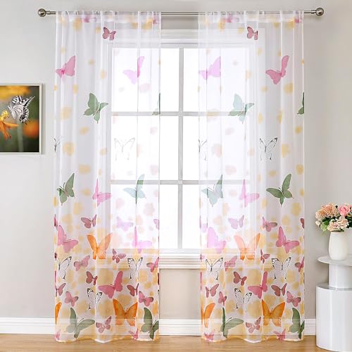 WUBODTI Colorful Butterfly Patterned Sheer Curtains for Kids Room 2 Panels 106 Inches Long, Floral Printed Farmhouse Country Voile Curtain Rod Pocket Pretty Cute Home Decor Drapes - Image 1