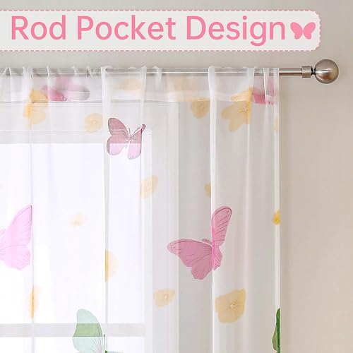 WUBODTI Colorful Butterfly Patterned Sheer Curtains for Kids Room 2 Panels 106 Inches Long, Floral Printed Farmhouse Country Voile Curtain Rod Pocket Pretty Cute Home Decor Drapes - Image 2
