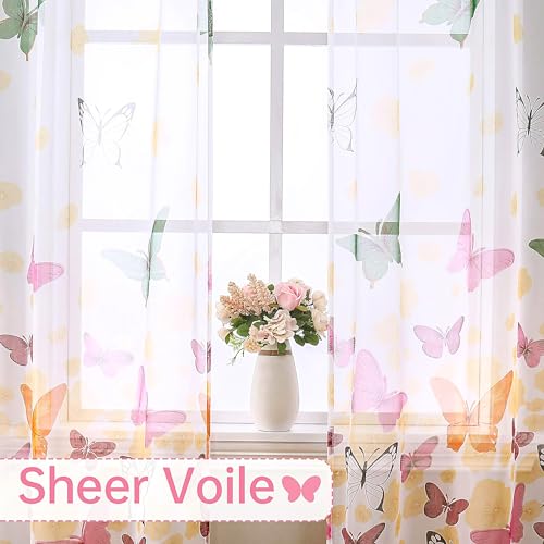 WUBODTI Colorful Butterfly Patterned Sheer Curtains for Kids Room 2 Panels 106 Inches Long, Floral Printed Farmhouse Country Voile Curtain Rod Pocket Pretty Cute Home Decor Drapes - Image 3