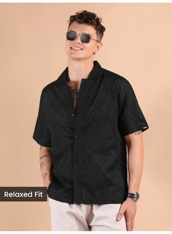 Beyoung Black Cutwork Jacquard Cuban Shirt