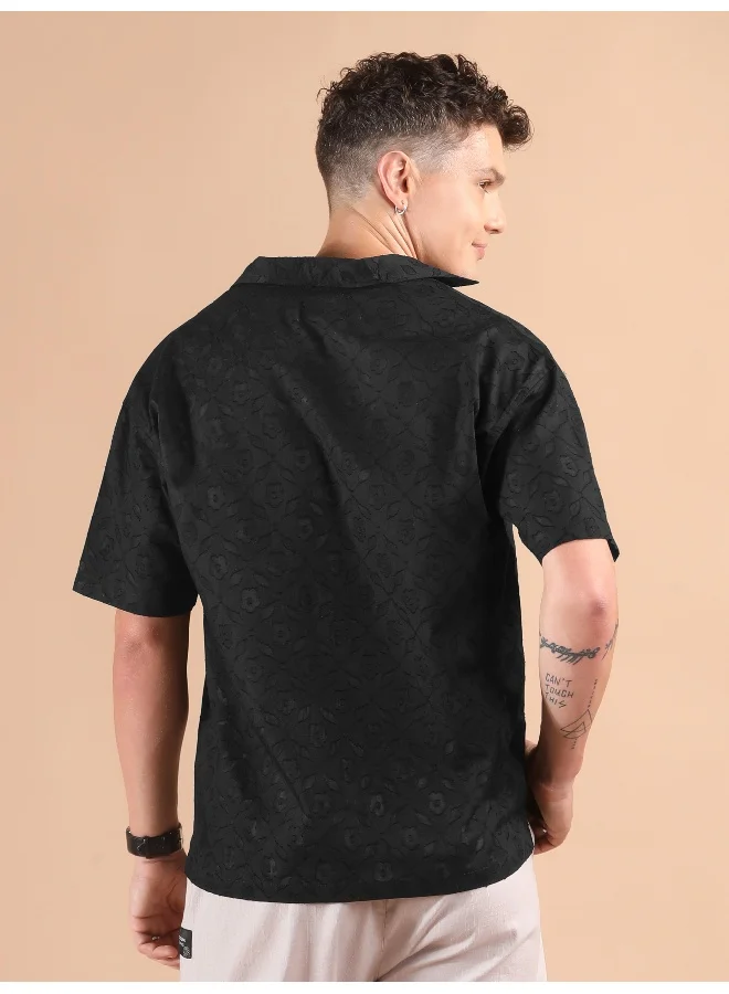 Beyoung Black Cutwork Jacquard Cuban Shirt