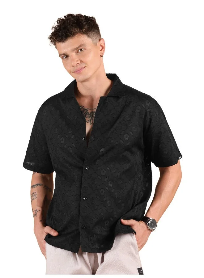 Beyoung Black Cutwork Jacquard Cuban Shirt
