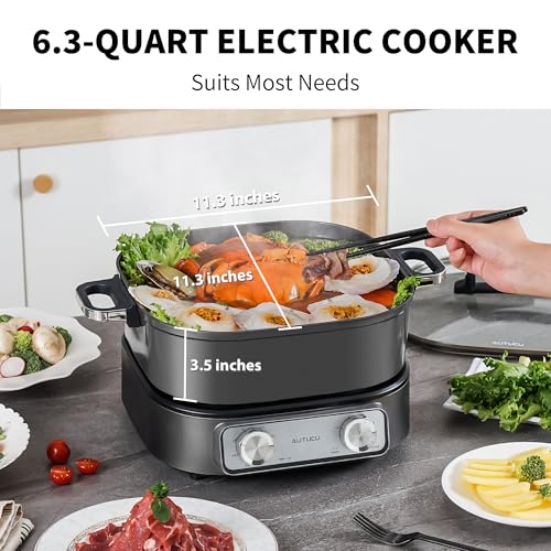 AUTUCU 6-Quart Electric Skillet, Hot Pot | Non-Stick PFOA-Free Ceramic-Coated Pot, 1600W, Timer & 3 Power Settings for Steak, Egg, Ramen, Nonstick Pot - Image 2