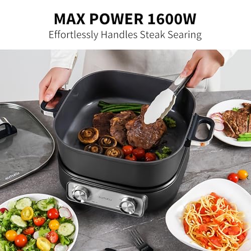 AUTUCU 6-Quart Electric Skillet, Hot Pot | Non-Stick PFOA-Free Ceramic-Coated Pot, 1600W, Timer & 3 Power Settings for Steak, Egg, Ramen, Nonstick Pot - Image 4