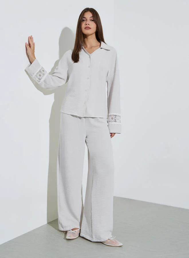 ستايلي Solid Lace Decorated Cuff Long Sleeve Shirt And Wide Leg Pants Set