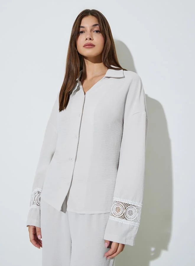 ستايلي Solid Lace Decorated Cuff Long Sleeve Shirt And Wide Leg Pants Set