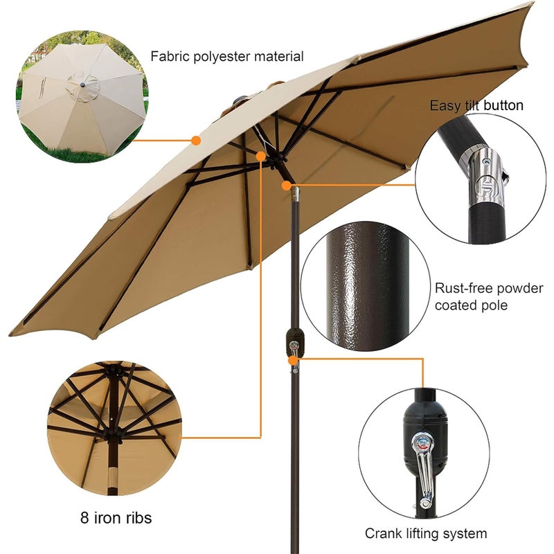 Blissun 9' Outdoor Patio Umbrella, Outdoor Table Umbrella, Yard Umbrella, Market Umbrella with 8 Sturdy Ribs, Push Button Tilt and Crank (Tan) - Image 2