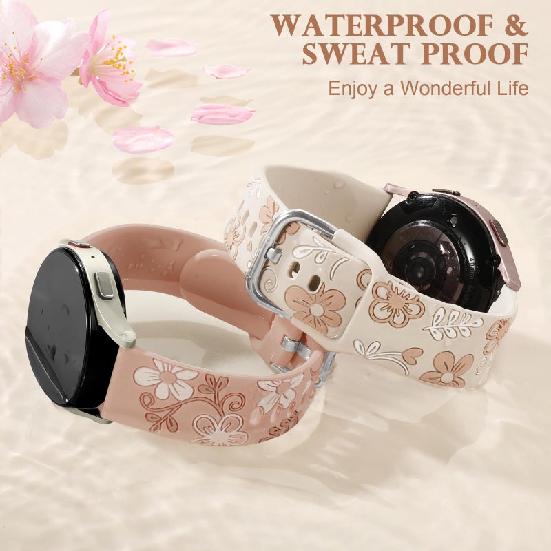 Witzon Floral Band Compatible with Samsung Galaxy Watch 7 Band/FE 6 5 4 40mm 44mm,Galaxy Active 2, 20mm Watch Band Engraved Cute Flower Soft Silicone Inlay Replacement Strap Dressy Accessories Women - Image 4