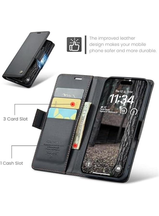 iPhone 16 Pro Max Wallet Case, PU Leather RFID Blocking Folio Flip Kickstand Magnetic Clasp Protective Cover for Men Women - Black 6.9 Inch - Image 3