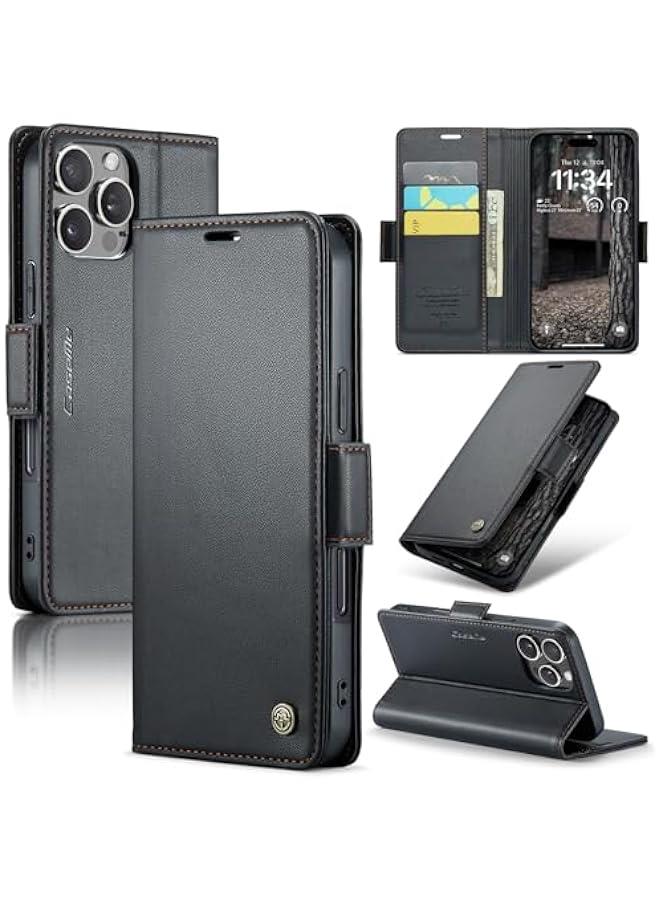 iPhone 16 Pro Max Wallet Case, PU Leather RFID Blocking Folio Flip Kickstand Magnetic Clasp Protective Cover for Men Women - Black 6.9 Inch - Image 1