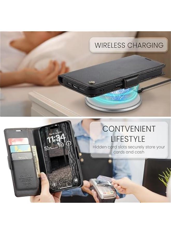 iPhone 16 Pro Max Wallet Case, PU Leather RFID Blocking Folio Flip Kickstand Magnetic Clasp Protective Cover for Men Women - Black 6.9 Inch - Image 2