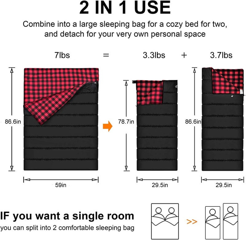 AGEMORE Cotton Flannel Double Sleeping Bag for Camping, Backpacking Or Hiking. Queen Size 2 Person Waterproof Sleeping Bag for Adults Or Teens. Lightweight with Compression Sack - Image 3