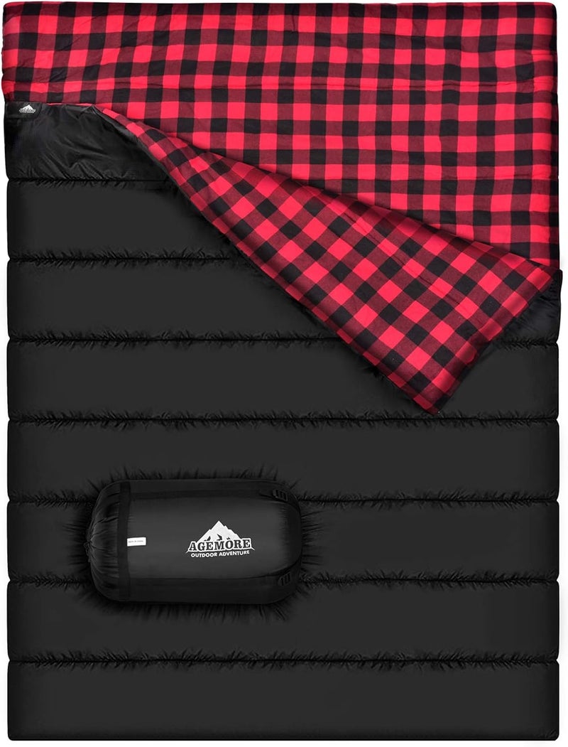 AGEMORE Cotton Flannel Double Sleeping Bag for Camping, Backpacking Or Hiking. Queen Size 2 Person Waterproof Sleeping Bag for Adults Or Teens. Lightweight with Compression Sack - Image 1
