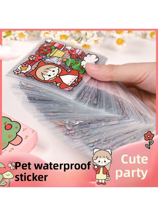 100 Non-repeating Cartoon Cute Hand Account Stickers Net Red Girl's Heart Hand Account Decoration Material Paper Stickers-Color:[cute Party PET Gift Box] 100 Pieces Free Of Cutting