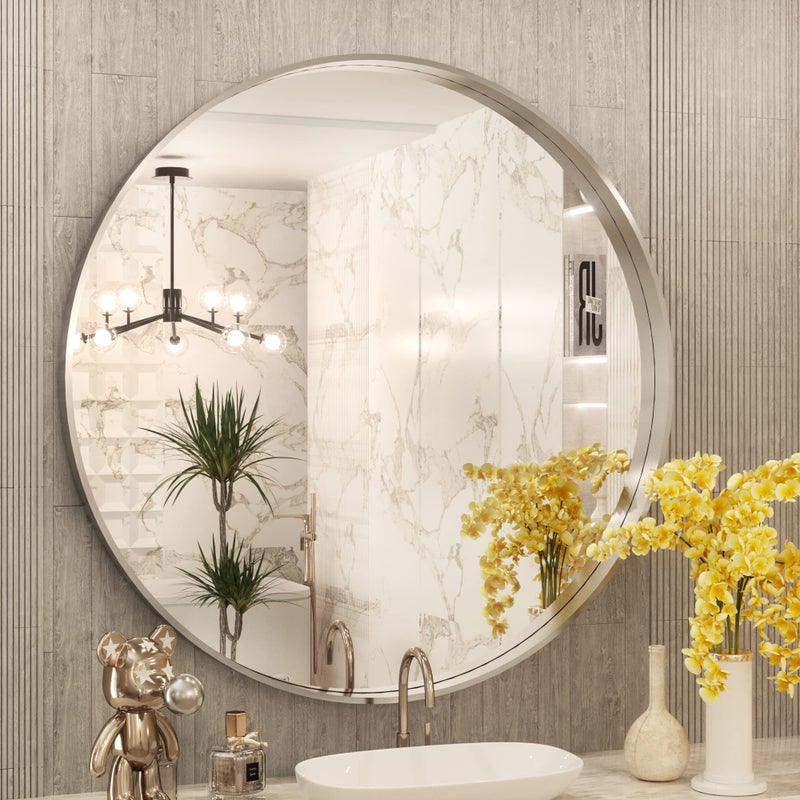 TokeShimi Round Mirror 30 Inch Brushed Silver Round Bathroom Mirror for Wall NonRusting Aluminum Alloy Brushed Silver Metal Frame Modern Circle Mirror Fit in Minimalist Multi Style for Decor