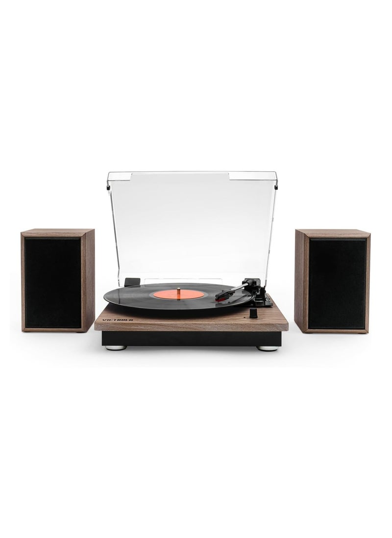 VICTROLA - Victrola Montauk Vinyl Record Player, Oak Finish, 3-Speed Belt Driven Turntable with Stereo Bluetooth Speaker Pair, RCA Output and 3.5mm Headphone Jack, Removable Dust Cover - Image 1