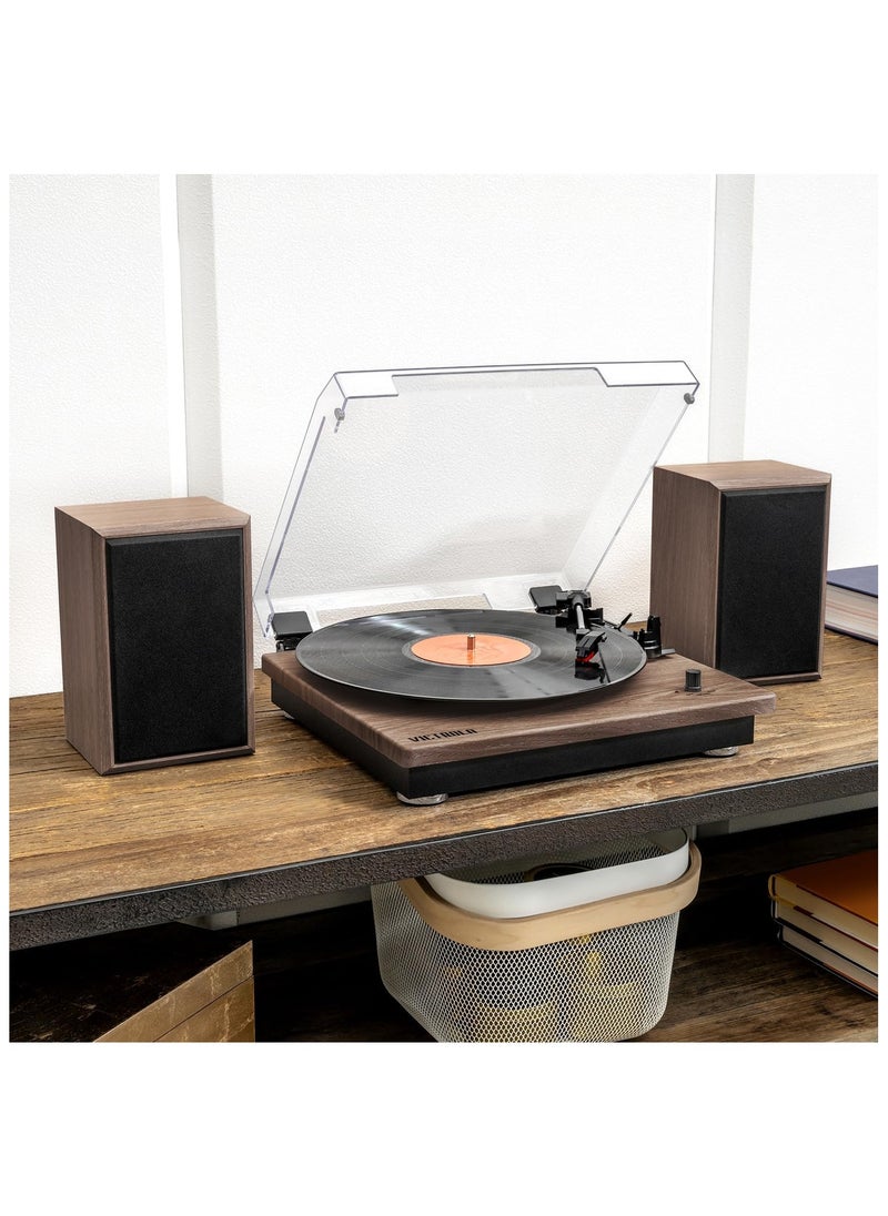 VICTROLA - Victrola Montauk Vinyl Record Player, Oak Finish, 3-Speed Belt Driven Turntable with Stereo Bluetooth Speaker Pair, RCA Output and 3.5mm Headphone Jack, Removable Dust Cover - Image 1