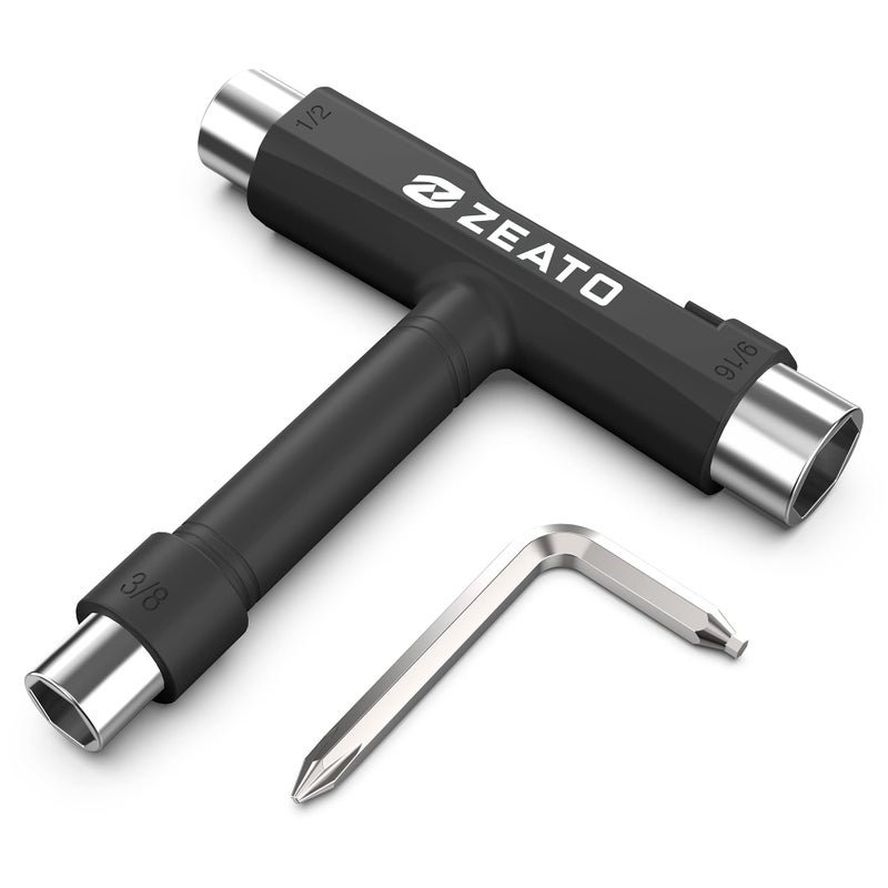 Zeato All-in-One Skate Tools Multi-Function Portable Skateboard T Tool Accessory with T-Type Allen Key and L-Type Phillips Head Wrench Screwdriver - Black - Image 1