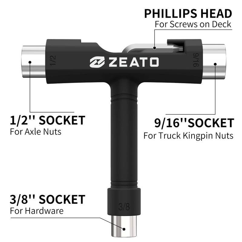 Zeato All-in-One Skate Tools Multi-Function Portable Skateboard T Tool Accessory with T-Type Allen Key and L-Type Phillips Head Wrench Screwdriver - Black - Image 2