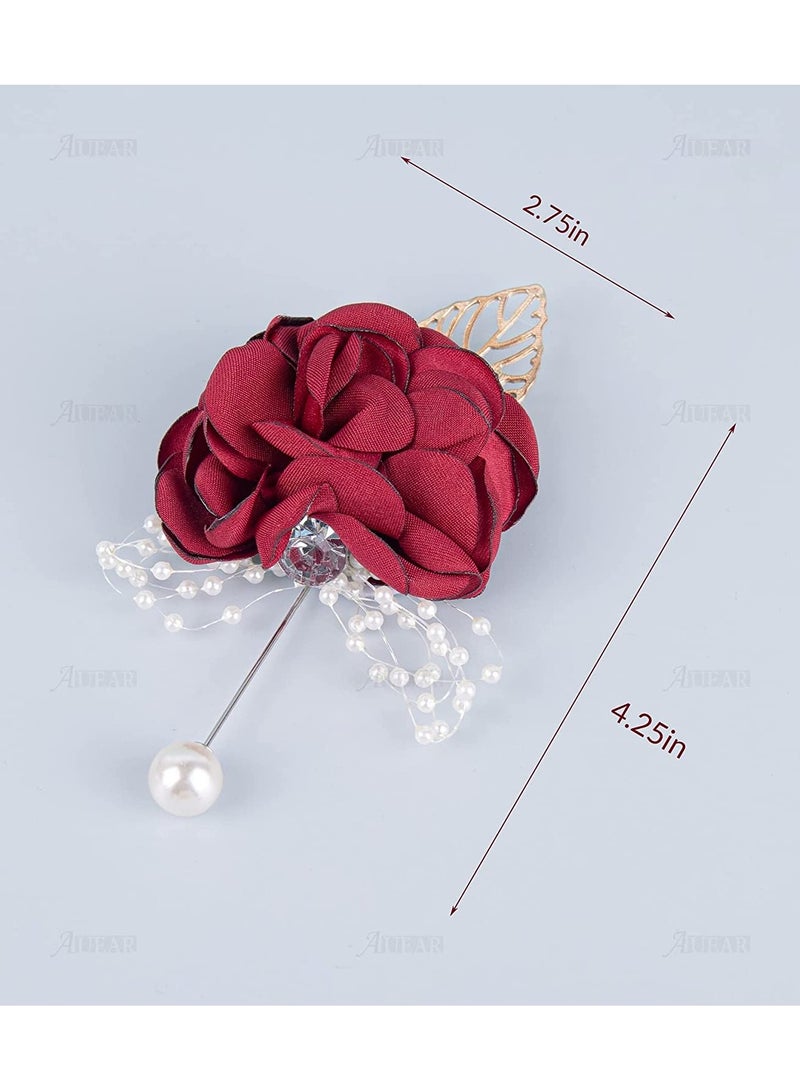 SYOSI 4 Pack w i n e Red Rose Groom Flowers Boutonniere Pearl Groomsmen Brooch for Party Decoration Party Decoration - Image 5
