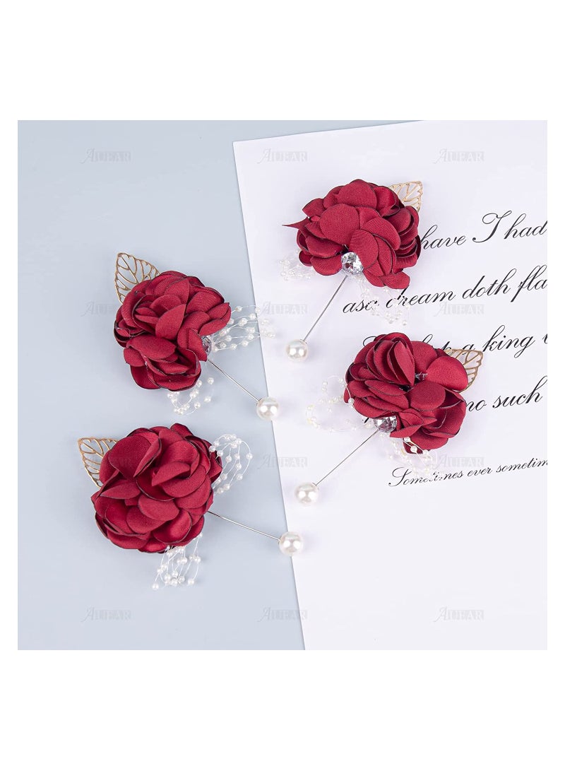 SYOSI 4 Pack w i n e Red Rose Groom Flowers Boutonniere Pearl Groomsmen Brooch for Party Decoration Party Decoration - Image 3
