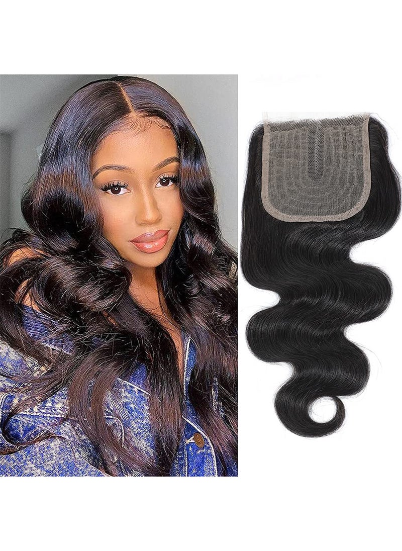 Amella Amella Hair Body Wave T part Human Hair lace Closure Middle Part 100% Unprocessed Brazilian Human Remy Hair 4x0.75inch Lace Closure Can Be Dyed and Bleached Natural Black Color 10inch 