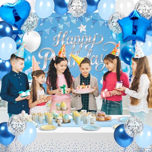 Woosytoo Light Blue Birthday Party Decorations Light Blue Party Decoration Backdrop Banner with Heart Star Foil Balloons Tablecloth Happy Birthday Party Supplies for Boys Girls Men Women Bday Celebration - Image 5