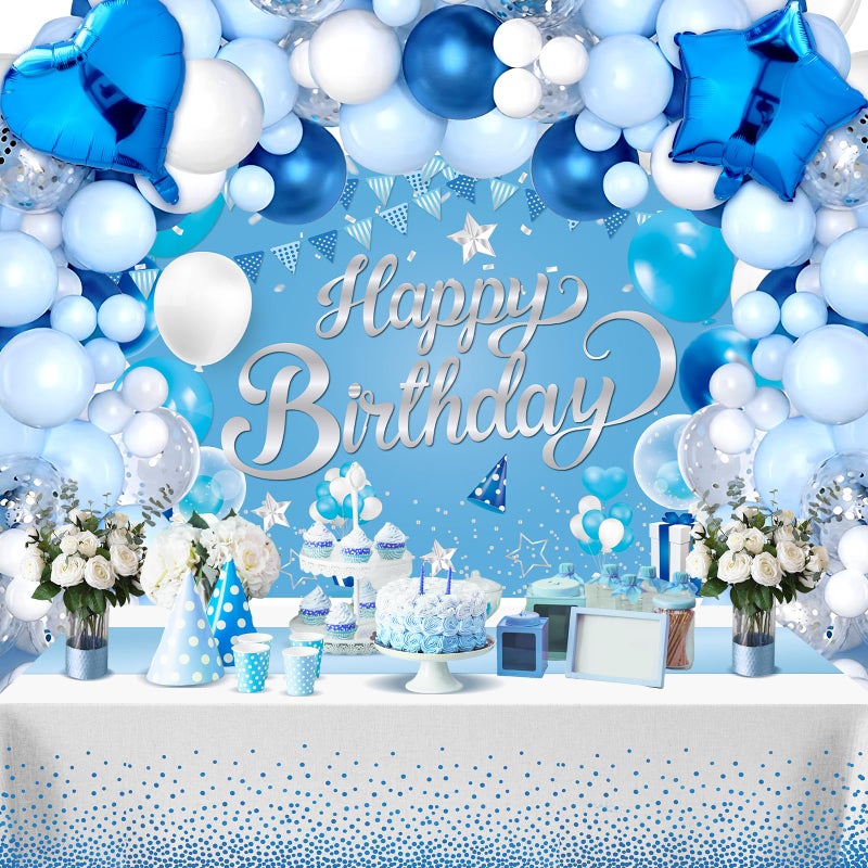 Woosytoo Light Blue Birthday Party Decorations Light Blue Party Decoration Backdrop Banner with Heart Star Foil Balloons Tablecloth Happy Birthday Party Supplies for Boys Girls Men Women Bday Celebration - Image 3