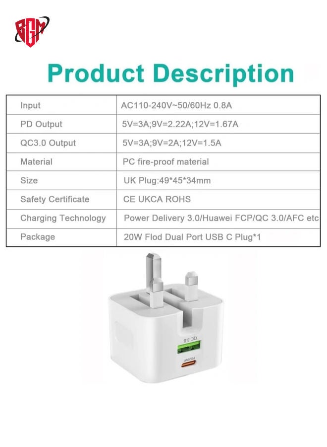 BGM USB C Charger 20W Fast Charge Wall Plug, 2 Ports PD&QC 3.0 Fast Charger Plug Compatible for iPhone 13/13 Pro 12/12 Pro/12 Pro Max/11/XS/XR, iPad, Galaxy, Huawei etc  - Image 4