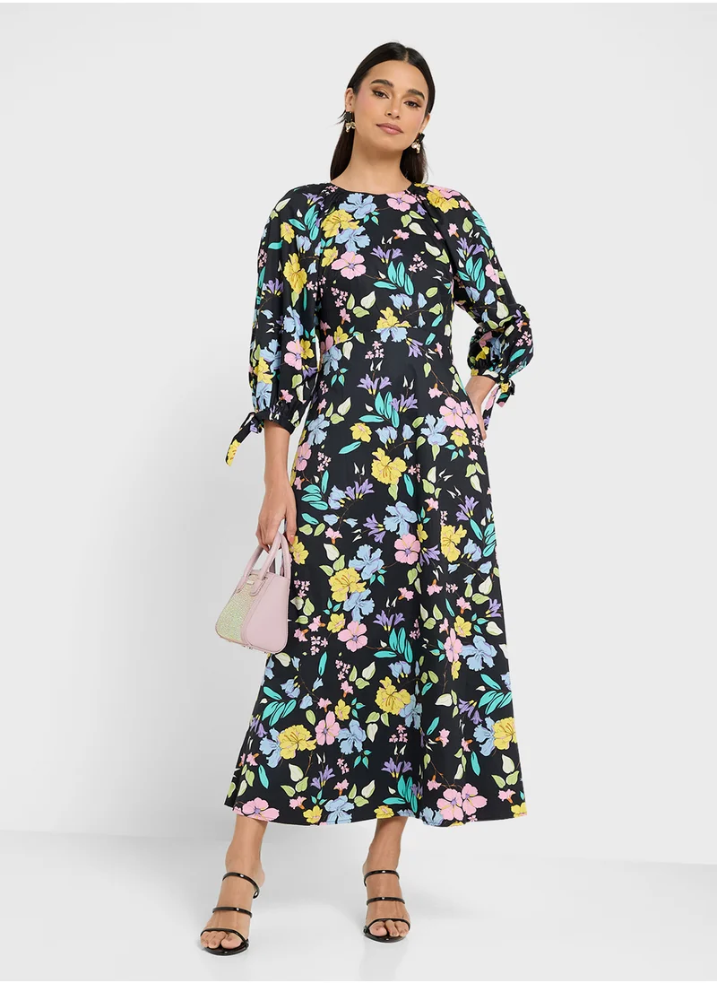 اويسيس Balloon Sleeve Cuff Detail Floral Print Dress