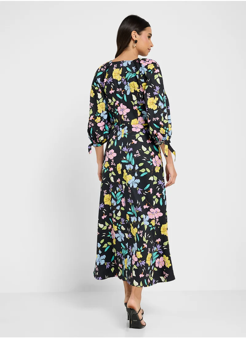 اويسيس Balloon Sleeve Cuff Detail Floral Print Dress
