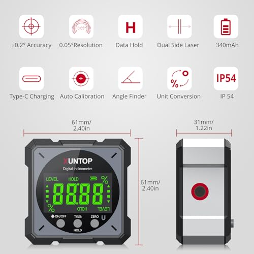 XUNTOP USB Charging Digital Level Box Angle Finder with Laser (Class 2, <1mW Output), 4-Side Strong Magnetic Angle Gauge IP54 Waterproof Inclinometer Level, Saving Effort Hanging Decorations-Gray - Image 3