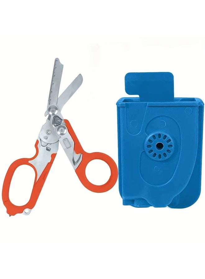 Orange 6 In 1 Multifunctional Trauma Scissors With Blue Sheath Glass Breaker For Outdoor - Image 1