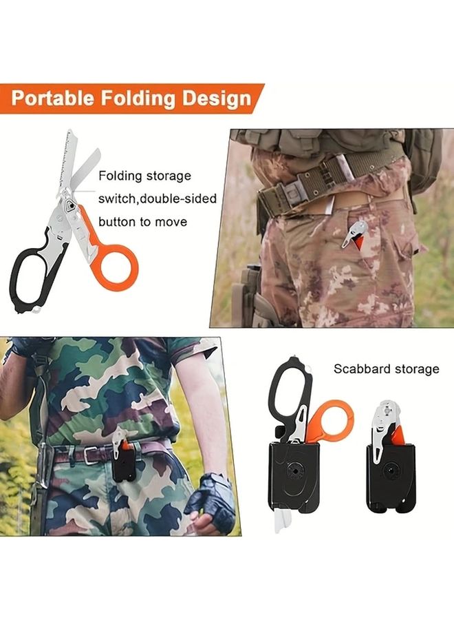 Orange 6 In 1 Multifunctional Trauma Scissors With Blue Sheath Glass Breaker For Outdoor - Image 4
