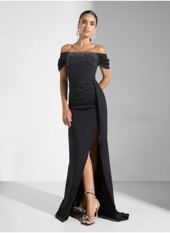 Ella Limited Edition Off Shoulder Dress With Embellished Bodice & Slit  - Image 1