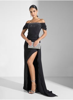 Ella Limited Edition Off Shoulder Dress With Embellished Bodice & Slit  - Image 4