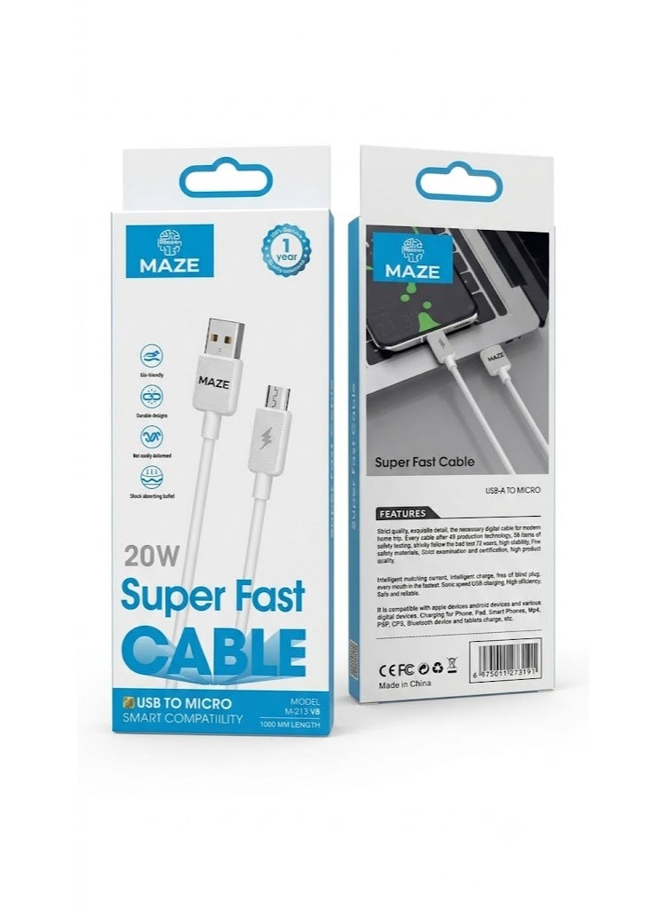 ميذ كابل USB-A إلى Micro USB للشحن السريع بقوة 20 واط – يدعم تقنية الشحن السريع QC 3.0 ونقل البيانات بسرعة 480 ميجابت في الثانية، يتميز بتصميم متين ومجدول من النايلون ومقاوم للانحناء، بطول 1 متر، ومتوافق مع هواتف أندرويد وبنوك الطاقة والأجهزة المختلفة. - Image 2