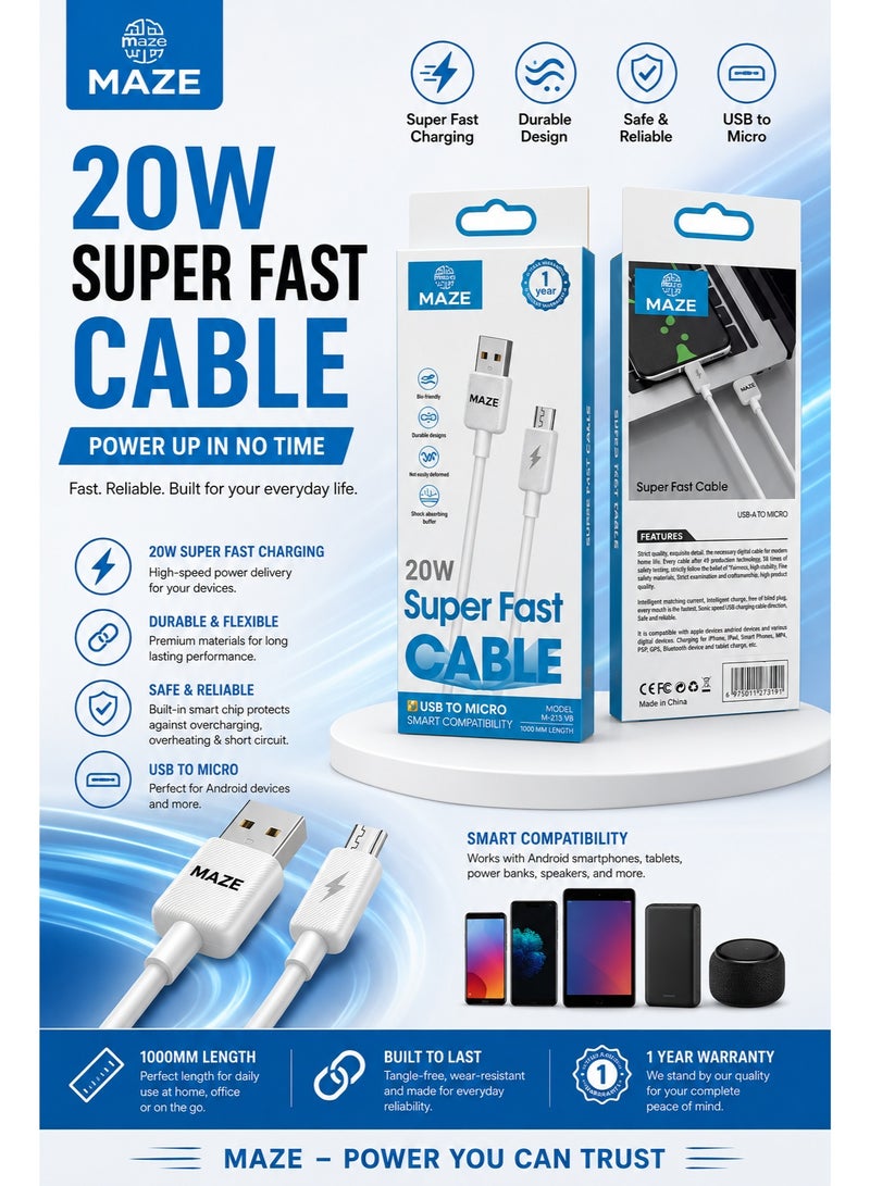 ميذ كابل USB-A إلى Micro USB للشحن السريع بقوة 20 واط – يدعم تقنية الشحن السريع QC 3.0 ونقل البيانات بسرعة 480 ميجابت في الثانية، يتميز بتصميم متين ومجدول من النايلون ومقاوم للانحناء، بطول 1 متر، ومتوافق مع هواتف أندرويد وبنوك الطاقة والأجهزة المختلفة. - Image 3