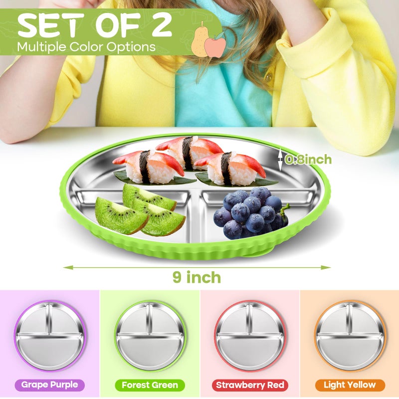 Semloo Stainless Steel Kids Plates with Suction, 2Pack 9" Divided Toddler Plates Removable Non Slip Silicone Sleeves Baby Feeding Led Weaning Supplies, BPA Free, Unbreakable Dishwasher Safe - Image 2