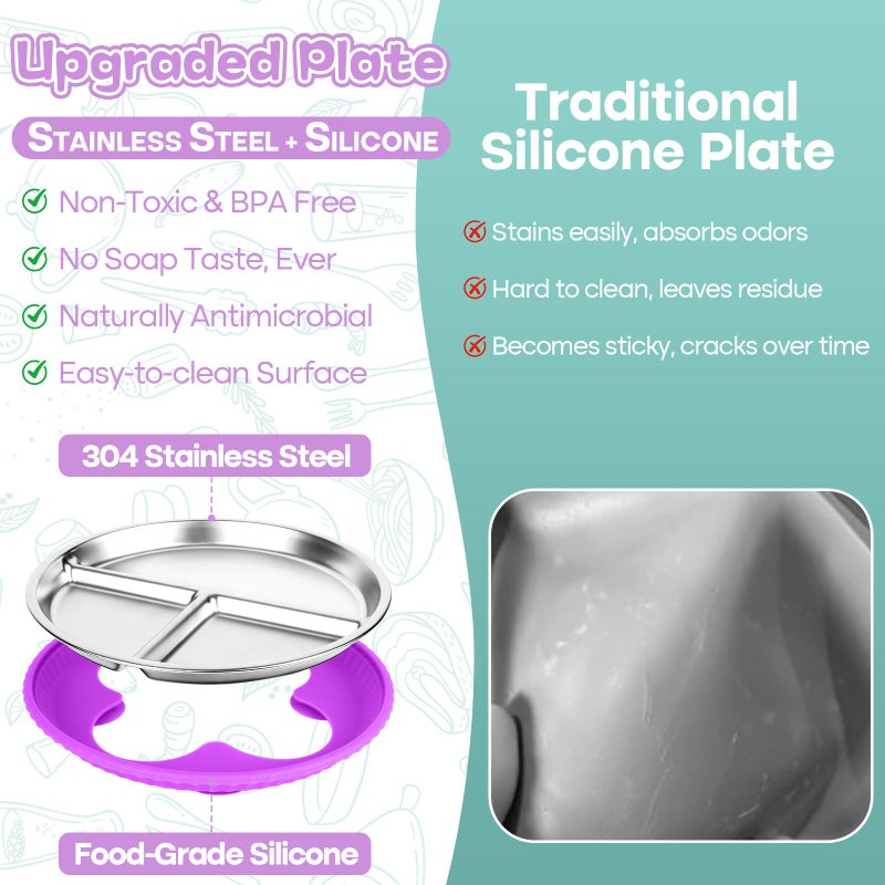 Semloo Stainless Steel Kids Plates with Suction, 2Pack 9" Divided Toddler Plates Removable Non Slip Silicone Sleeves Baby Feeding Led Weaning Supplies, BPA Free, Unbreakable Dishwasher Safe - Image 5