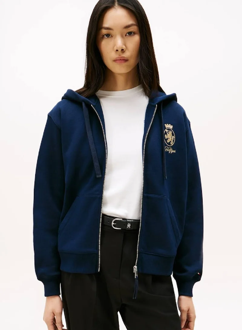 Tommy Hilfiger Dark Night Navy TH Crest Embroidery Gold-Tone Zip-Thru Hoody for Women | Best Price UAE