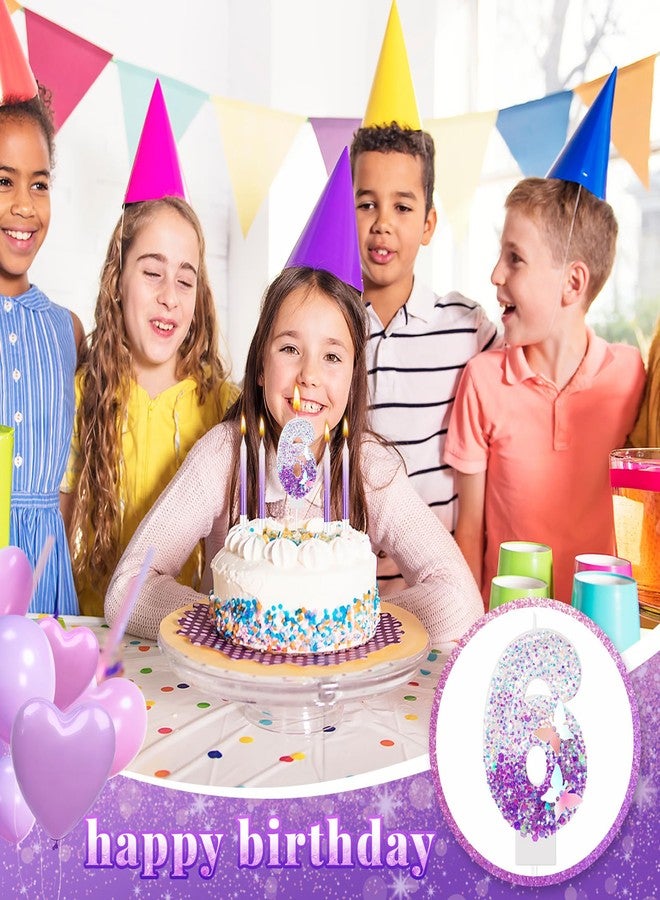 Amylove Number 6 Birthday Candle Purple Butterfly for Cake with 6 Long Thin Cupcake Candles Girls Sparkling Sequin Glitter Purple Cake Topper for Women Girl Anniversary Wedding - Image 4