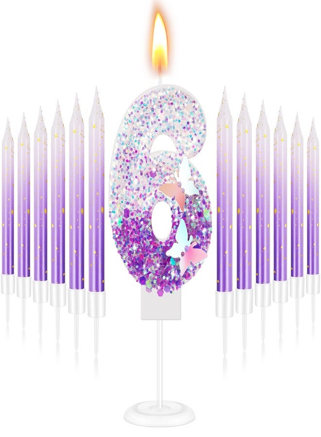 Amylove Number 6 Birthday Candle Purple Butterfly for Cake with 6 Long Thin Cupcake Candles Girls Sparkling Sequin Glitter Purple Cake Topper for Women Girl Anniversary Wedding - Image 1